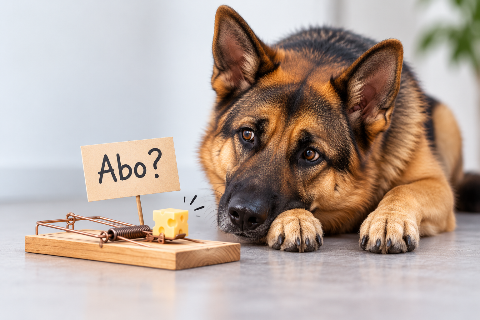 Ein Wachhund betrachtet misstrauisch eine Mausefalle mit der Aufschrift Abo
