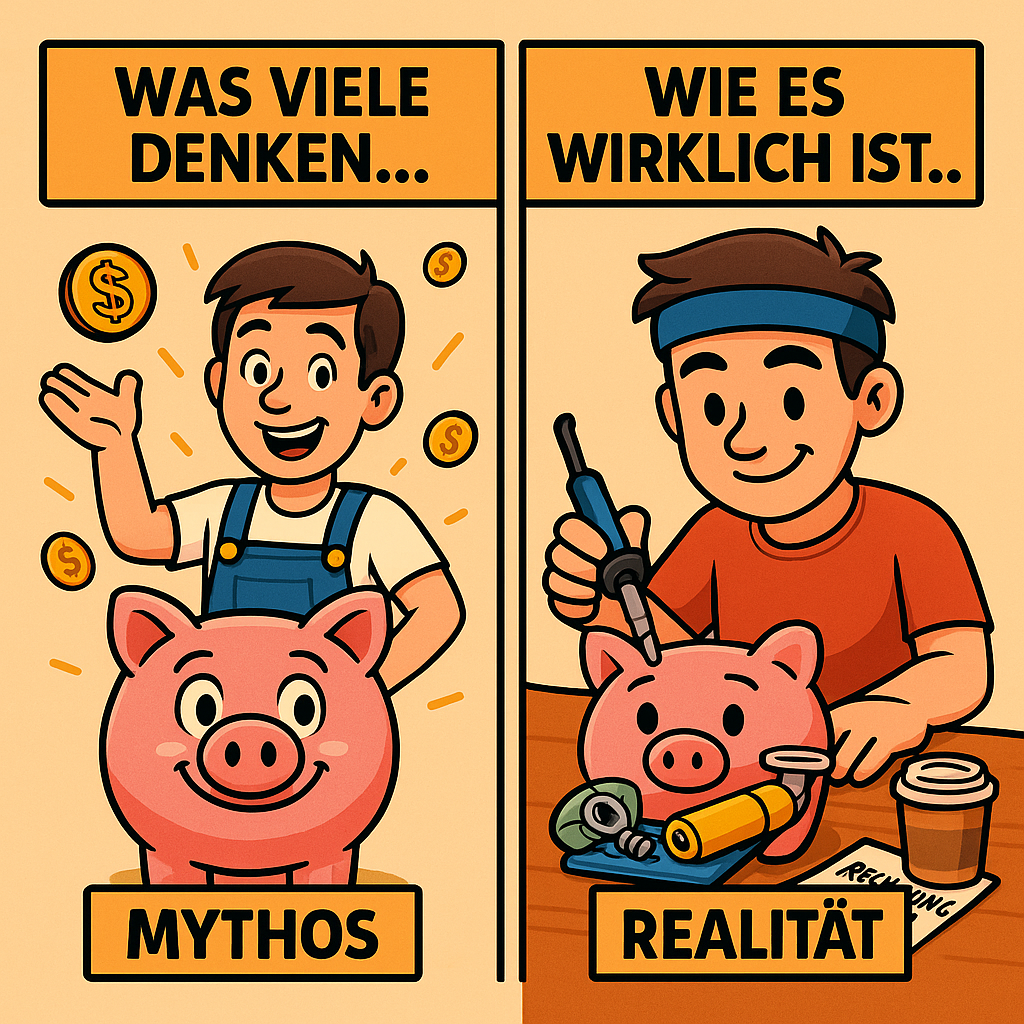 Comic: Sparschwein, Geld und Taschenrechner