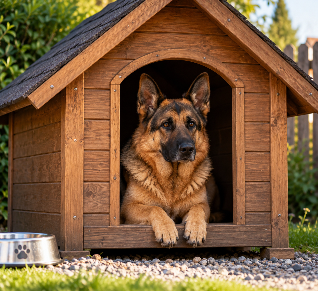 Ein aufmerksamer Wachhund sitzt in seiner Hundehütte