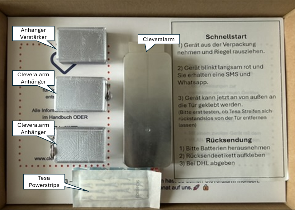 CleverAlarm, Montagepad, Batterie, Anleitung